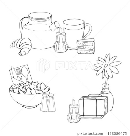 Tea time Cafe composition black and white set hand drawn illustration. Vector graphic line ink art. Silhouette sign for logo, print, comics, fashion, pop art, boards, design, stickers, decoration Tea time Cafe composition black and white set hand drawn illustration. Vector graphic line ink art. Silhouette sign for logo, print, comics, fashion, pop art, boards, design, stickers, decoration 138086475