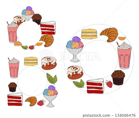 Cafe Frame template set circle hand drawn illustration. Vector graphic line ink art. Perfect for cafe logo, branding, packaging, labels, and modern decor design. 138086476