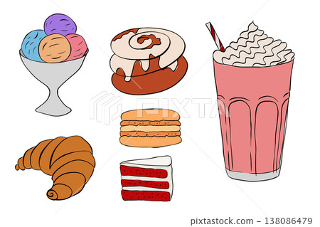 Croissants and Pastries Set Cafe set hand drawn illustration. Vector graphic line ink art. sweets ice cream cake, milkshake, macaron for cooking, condiment and culinary ingredient Croissants and Pastries Set Cafe set hand drawn illustration. Vector graphic line ink art. sweets ice cream cake, milkshake, macaron for cooking, condiment and culinary ingredient 138086479