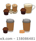 takeaway coffee with muffin Cafe composition set hand drawn illustration. Vector graphic line ink art. design for fashion graphics, textile prints, fabrics, wallpapers. 138086481