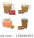coffee tea sweets sandwich Cafe composition set hand drawn illustration. Vector graphic line ink art. Perfect for cafe logo, branding, packaging, labels, and modern decor design. 138086483