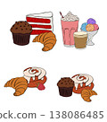 Hand drawn doodle sweets. Set of vector cartoon macaroon croissant for logo, icon or design element. Cafe composition hand drawn illustration. Vector graphic line ink colored art. 138086485