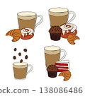 coffee, desserts set. Coffee beverages, cappuccino in glass with straw, cup with bakery, croissant, cookies, cupcake, muffin. Cafe composition set illustration. Vector graphic line ink art. 138086486