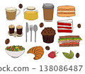 Breakfast colored doodle set of chalk style food and coffee icons for cafe menu, invitations, Italian brunch, cute croissant, cup, Cafe set hand drawn illustration. Vector graphic line ink art. 138086487