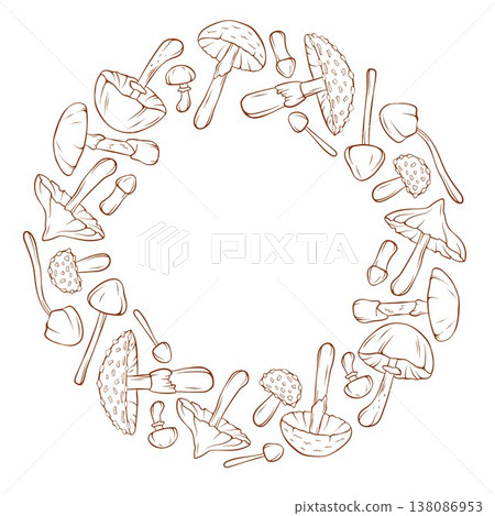 Wreath with inedible mushroom in line art style. Design for kitchen, packaging, organic branding and seasonal theme. 138086953