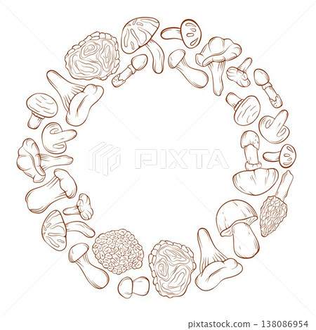 Wreath with edible mushroom in line art style. Ideal for menu, packaging, organic food branding and nature themed design. Wreath with edible mushroom in line art style. Ideal for menu, packaging, organic food branding and nature themed design. 138086954