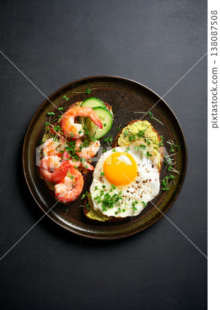 Avocado Shrimp and Fried Egg Sandwiches for low carb breakfast Avocado Shrimp and Fried Egg Sandwiches for low carb breakfast 138087508