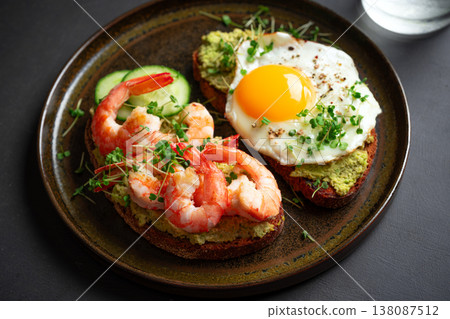 Avocado Shrimp and Fried Egg Sandwiches for low carb breakfast Avocado Shrimp and Fried Egg Sandwiches for low carb breakfast 138087512