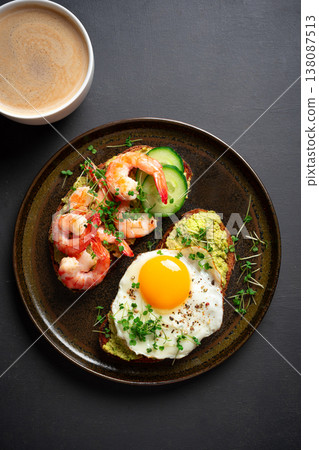 Avocado Shrimp and Fried Egg Sandwiches for low carb breakfast Avocado Shrimp and Fried Egg Sandwiches for low carb breakfast 138087513