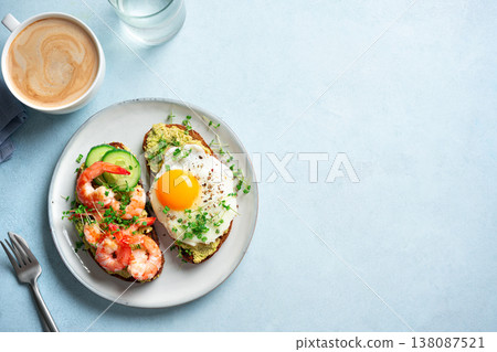 Avocado Shrimp and Fried Egg Breakfast Sandwiches Avocado Shrimp and Fried Egg Breakfast Sandwiches 138087521