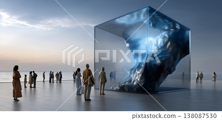Surrounding visitors taking pictures of luminous cosmic structure beside shimmering shoreline Surrounding visitors taking pictures of luminous cosmic structure beside shimmering shoreline 138087530