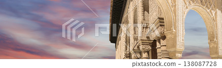 Arches in Islamic (Moorish) style (against the sunset) in Alhambra, Granada, Spain 138087728
