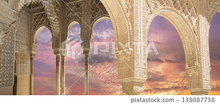 Arches in Islamic (Moorish) style (against the sunset) in Alhambra, Granada, Spain Arches in Islamic (Moorish) style (against the sunset) in Alhambra, Granada, Spain 138087738
