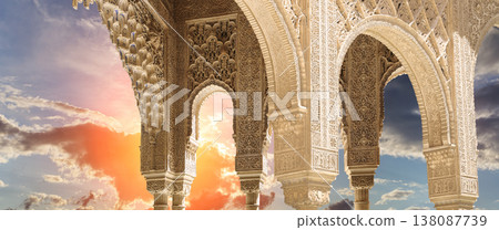 Arches in Islamic (Moorish) style (against the sunset) in Alhambra, Granada, Spain Arches in Islamic (Moorish) style (against the sunset) in Alhambra, Granada, Spain 138087739