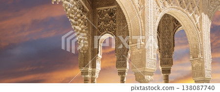 Arches in Islamic (Moorish) style (against the sunset) in Alhambra, Granada, Spain Arches in Islamic (Moorish) style (against the sunset) in Alhambra, Granada, Spain 138087740