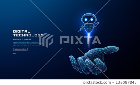 AI chatbot hologram floating above human hand. Cute robot assistant AI chatbot hologram floating above human hand. Cute robot assistant 138087843