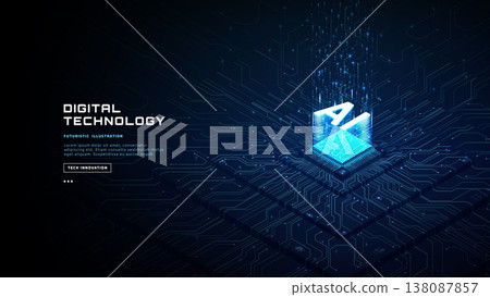 Abstract AI processor on circuit board with neon glowing lines 138087857