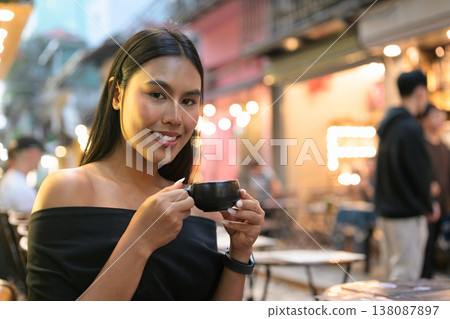 Thai Woman Drinking Coffee Hanoi Train Street Vietnam Thai Woman Drinking Coffee Hanoi Train Street Vietnam 138087897