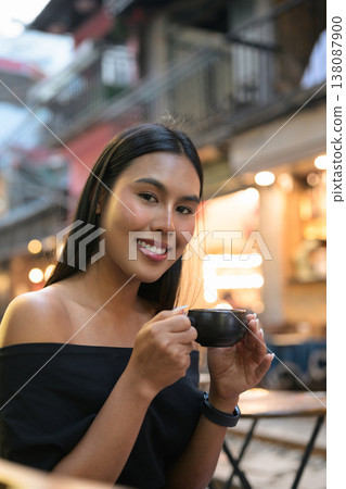 Thai Woman Drinking Coffee Hanoi Train Street Vietnam 138087900