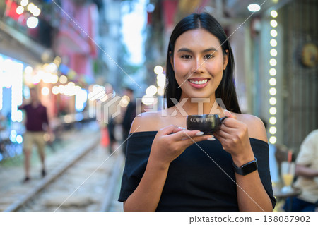 Thai Woman Drinking Coffee Hanoi Train Street Vietnam 138087902