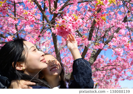 A Japanese parent and child reach out to a cherry blossom tree. A Japanese parent and child reach out to a cherry blossom tree. 138088139