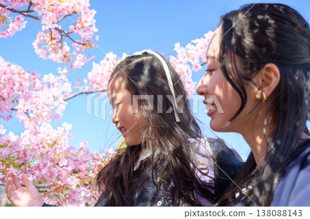 一位日本家長和孩子正在欣賞櫻花。 一位日本家長和孩子正在欣賞櫻花。 138088143