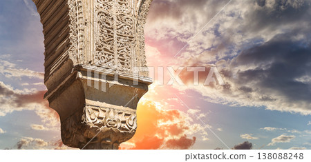 Column in Islamic (Moorish)  style in Alhambra (against the sunset), Granada, Spain 138088248