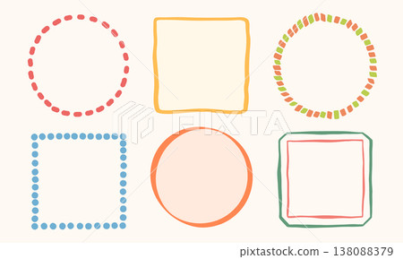 Colorful frames vector illustration set. Hand drawn circle and square borders with dotted, striped, double line edge styles. Minimal background templates for banner, label, card, social media Colorful frames vector illustration set. Hand drawn circle and square borders with dotted, striped, double line edge styles. Minimal background templates for banner, label, card, social media 138088379