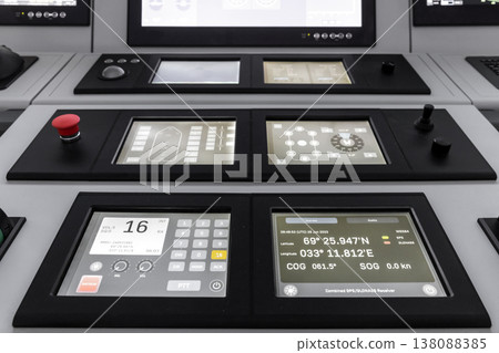 Modern ship bridge navigation control panel Modern ship bridge navigation control panel 138088385