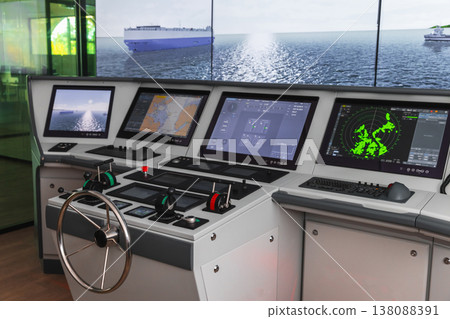 A modern ship bridge, multi-monitor navigation consoles A modern ship bridge, multi-monitor navigation consoles 138088391
