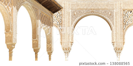 Arches in Islamic (Moorish) style (carved on white background) in Alhambra, Granada, Spain Arches in Islamic (Moorish) style (carved on white background) in Alhambra, Granada, Spain 138088565