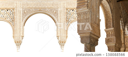 Arches in Islamic (Moorish) style (carved on white background) in Alhambra, Granada, Spain Arches in Islamic (Moorish) style (carved on white background) in Alhambra, Granada, Spain 138088566