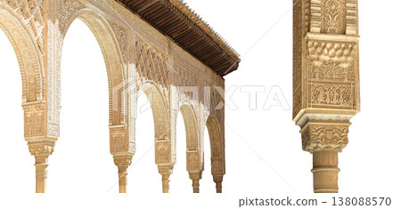 Arches in Islamic (Moorish) style (carved on white background) in Alhambra, Granada, Spain Arches in Islamic (Moorish) style (carved on white background) in Alhambra, Granada, Spain 138088570