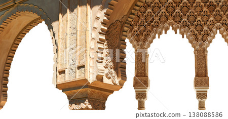 Arches in Islamic (Moorish) style (carved on white background) in Alhambra, Granada, Spain Arches in Islamic (Moorish) style (carved on white background) in Alhambra, Granada, Spain 138088586