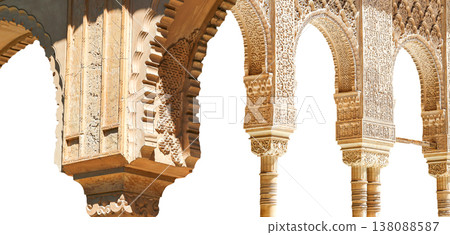Arches in Islamic (Moorish) style (carved on white background) in Alhambra, Granada, Spain Arches in Islamic (Moorish) style (carved on white background) in Alhambra, Granada, Spain 138088587