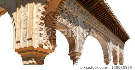 Arches in Islamic (Moorish) style (carved on white background) in Alhambra, Granada, Spain Arches in Islamic (Moorish) style (carved on white background) in Alhambra, Granada, Spain 138088589