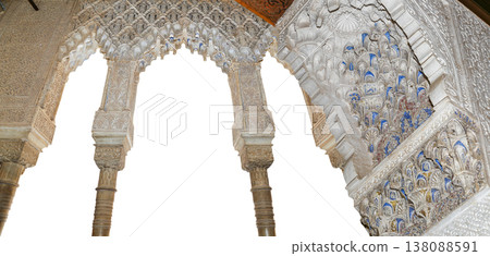 Arches in Islamic (Moorish) style (carved on white background) in Alhambra, Granada, Spain Arches in Islamic (Moorish) style (carved on white background) in Alhambra, Granada, Spain 138088591