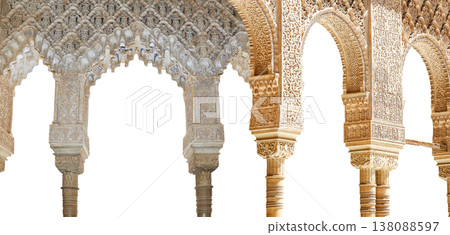 Arches in Islamic (Moorish) style (carved on white background) in Alhambra, Granada, Spain 138088597