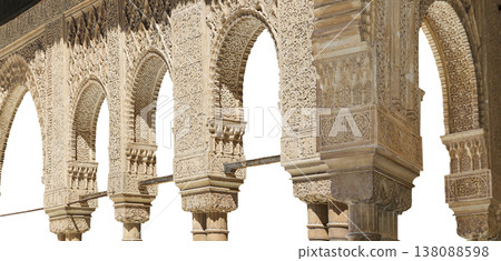 Arches in Islamic (Moorish) style (carved on white background) in Alhambra, Granada, Spain Arches in Islamic (Moorish) style (carved on white background) in Alhambra, Granada, Spain 138088598