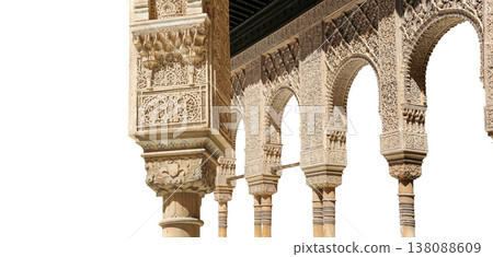 Arches in Islamic (Moorish) style (carved on white background) in Alhambra, Granada, Spain Arches in Islamic (Moorish) style (carved on white background) in Alhambra, Granada, Spain 138088609