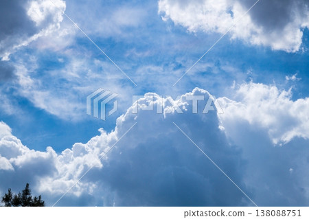 A photograph of a blue summer sky with large, bulky cumulus clouds floating across it, illuminated by sunlight. A template for artwork, screensaver A photograph of a blue summer sky with large, bulky cumulus clouds floating across it, illuminated by sunlight. A template for artwork, screensaver 138088751