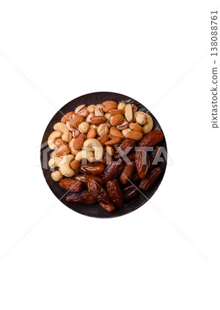 Dried dates on a ceramic plate for Ramadan or Iftar. Dates fruit as a background 138088761