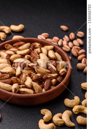 Brazil nuts, raw and shelled, are a source of selenium and a healthy food ingredient. Brazil nuts 138088785
