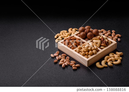 Wooden box with macadamia nuts, almonds, pistachios, and hazelnuts. Nuts as a food background 138088816