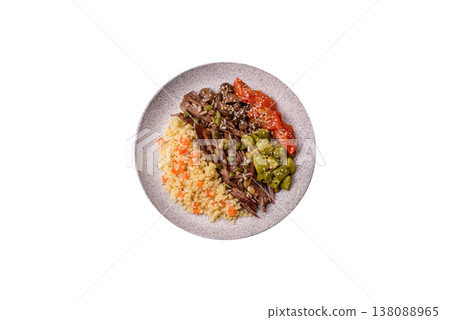 A bowl with beef, porridge, mushrooms, vegetables, sauce, and spices. Beef bowl 138088965