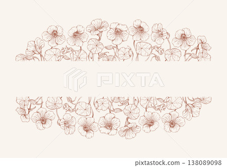 Vector botanical nasturtium flower line art in vintage sepia tone, hand drawn floral border with blossoms and leaves, retro ink sketch for wedding invitation, greeting cards, labels, packaging. Vector botanical nasturtium flower line art in vintage sepia tone, hand drawn floral border with blossoms and leaves, retro ink sketch for wedding invitation, greeting cards, labels, packaging. 138089098