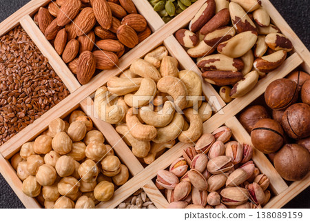 A mix of cashews, pistachios, almonds, macadamia and hazelnuts. Nuts as a food background A mix of cashews, pistachios, almonds, macadamia and hazelnuts. Nuts as a food background 138089159