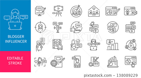 Influencer and Content Creator Line Icon Set, Social Media Marketing, Blogging, Digital Creation, and Online Business Outline Icons 138089229
