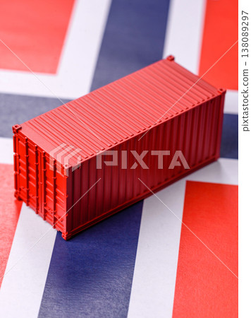 Cargo containers on the Norwegian flag as a conceptual backdrop for goods export. Cargo containers Cargo containers on the Norwegian flag as a conceptual backdrop for goods export. Cargo containers 138089297