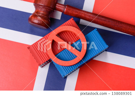 The cargo container ban on the Norwegian flag as a conceptual backdrop. The cargo container embargo 138089301
